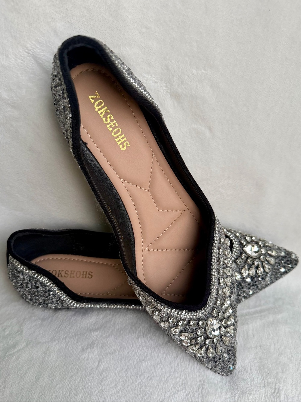 ZQKSEOHS Black Rhinestone Sparkly Pointed Toe Dress Ballet Flats Size 40 - Picture 2 of 12
